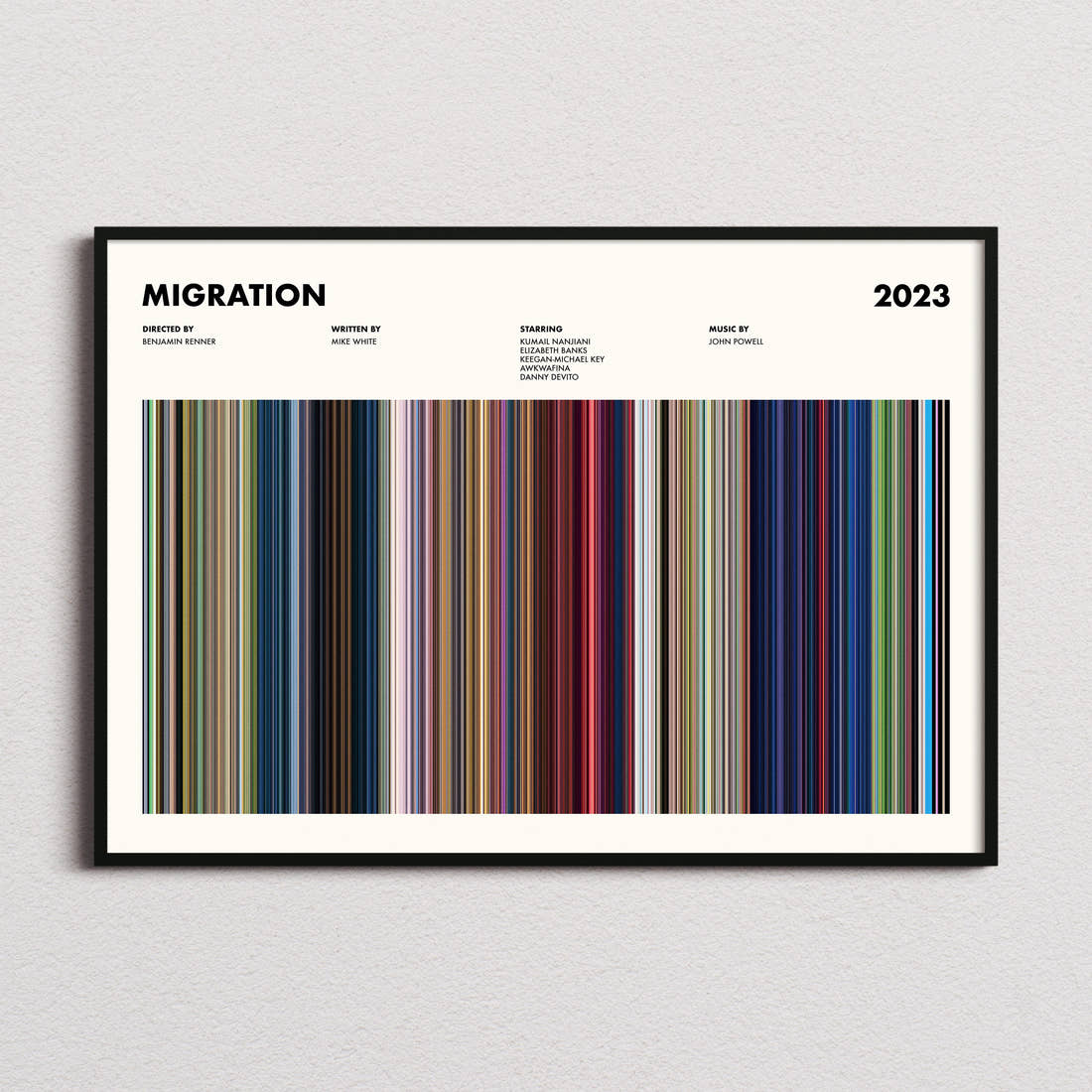 Migration Movie Barcode Poster framed and photographed straight on