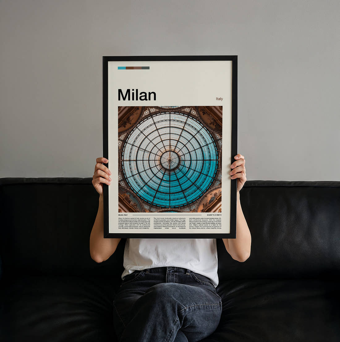 Milan Galleria Glass Dome Travel Print held up by hand to show the size of the print