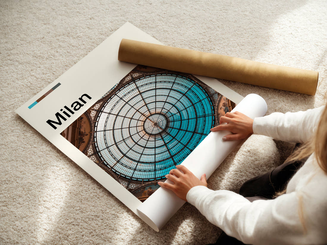 Milan Galleria Glass Dome Travel Print being unrolled from its postal tube