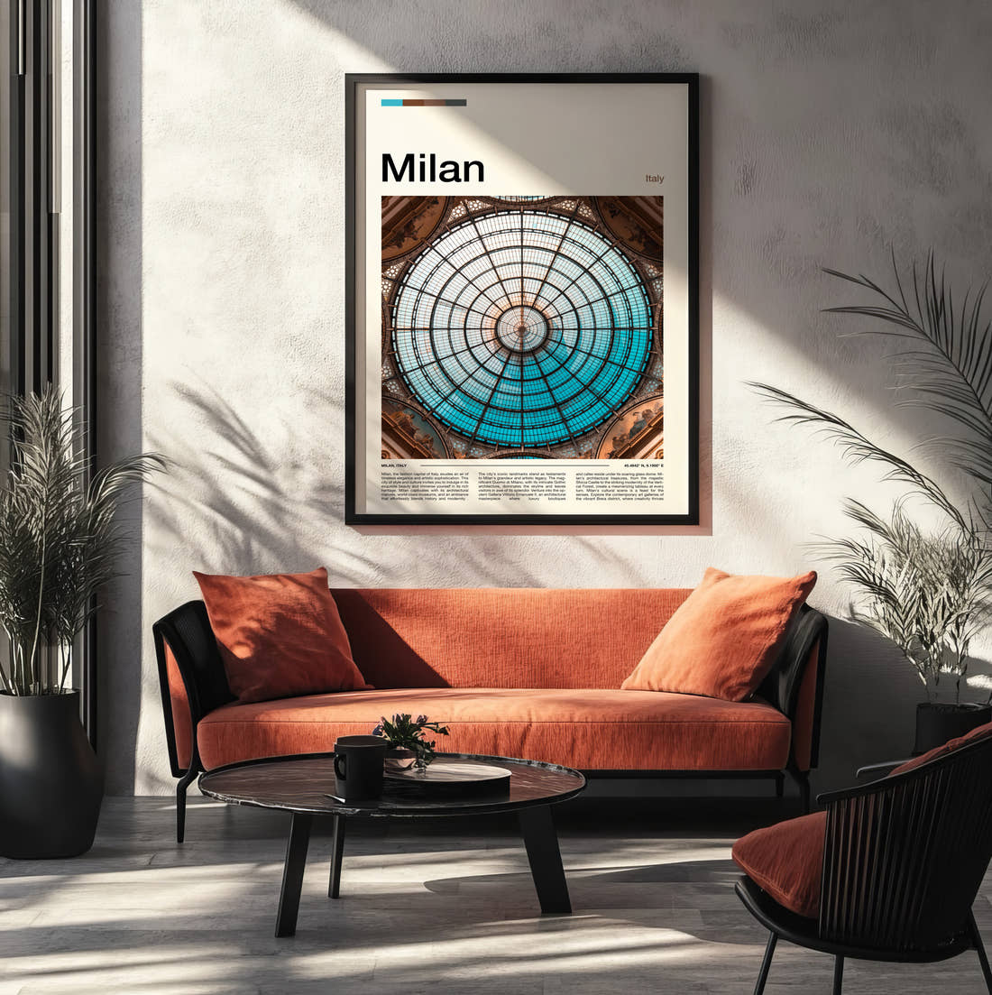 Milan Galleria Glass Dome Travel Print framed on the wall of a modern living room