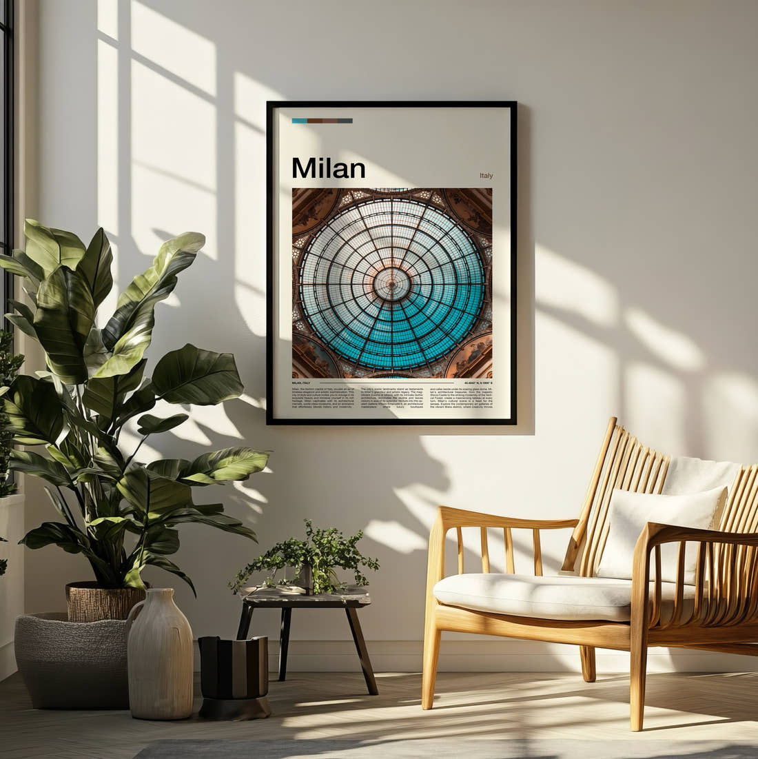 Milan Galleria Glass Dome Travel Print framed on a pale wall beside houseplants