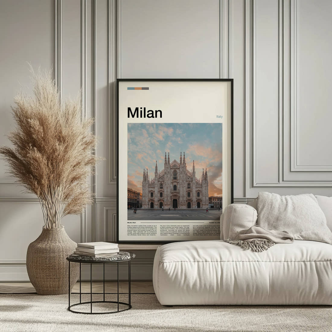 Milan Duomo Di Milano Travel Print framed on the wall of a calm, neutral bedroom
