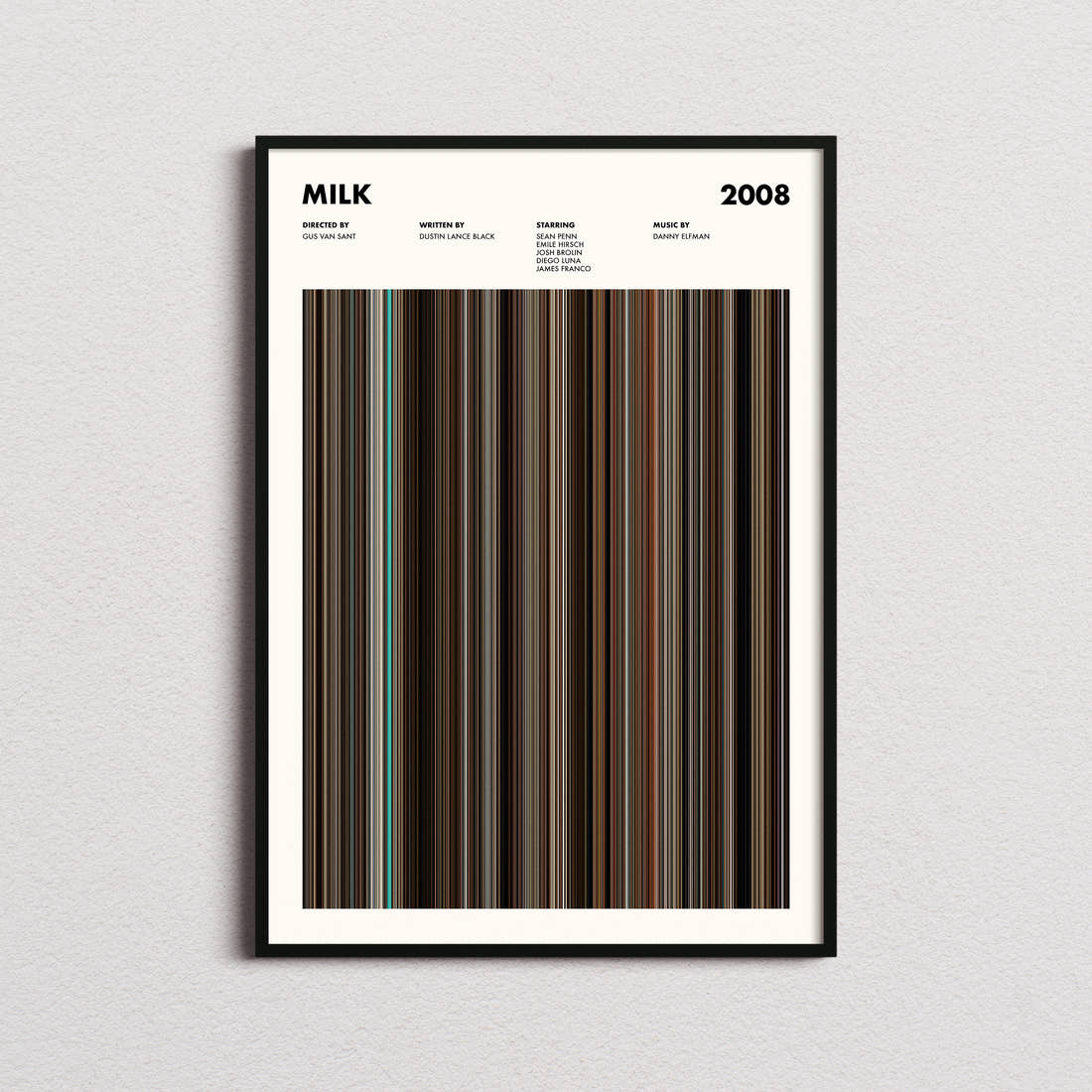 Milk Movie Barcode Poster framed on a plain studio wall