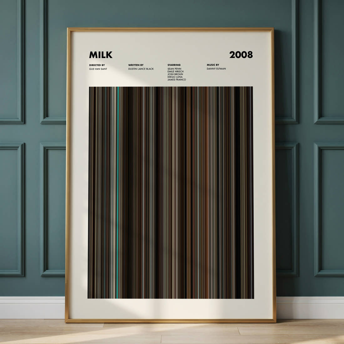 Milk Movie Barcode Poster framed and leaning against a panelled wall