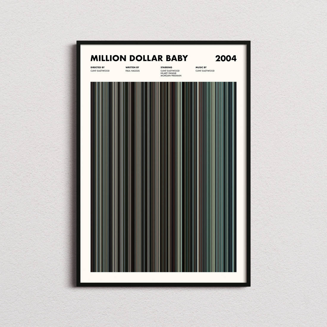 Million Dollar Baby Movie Barcode Poster framed on a plain studio wall
