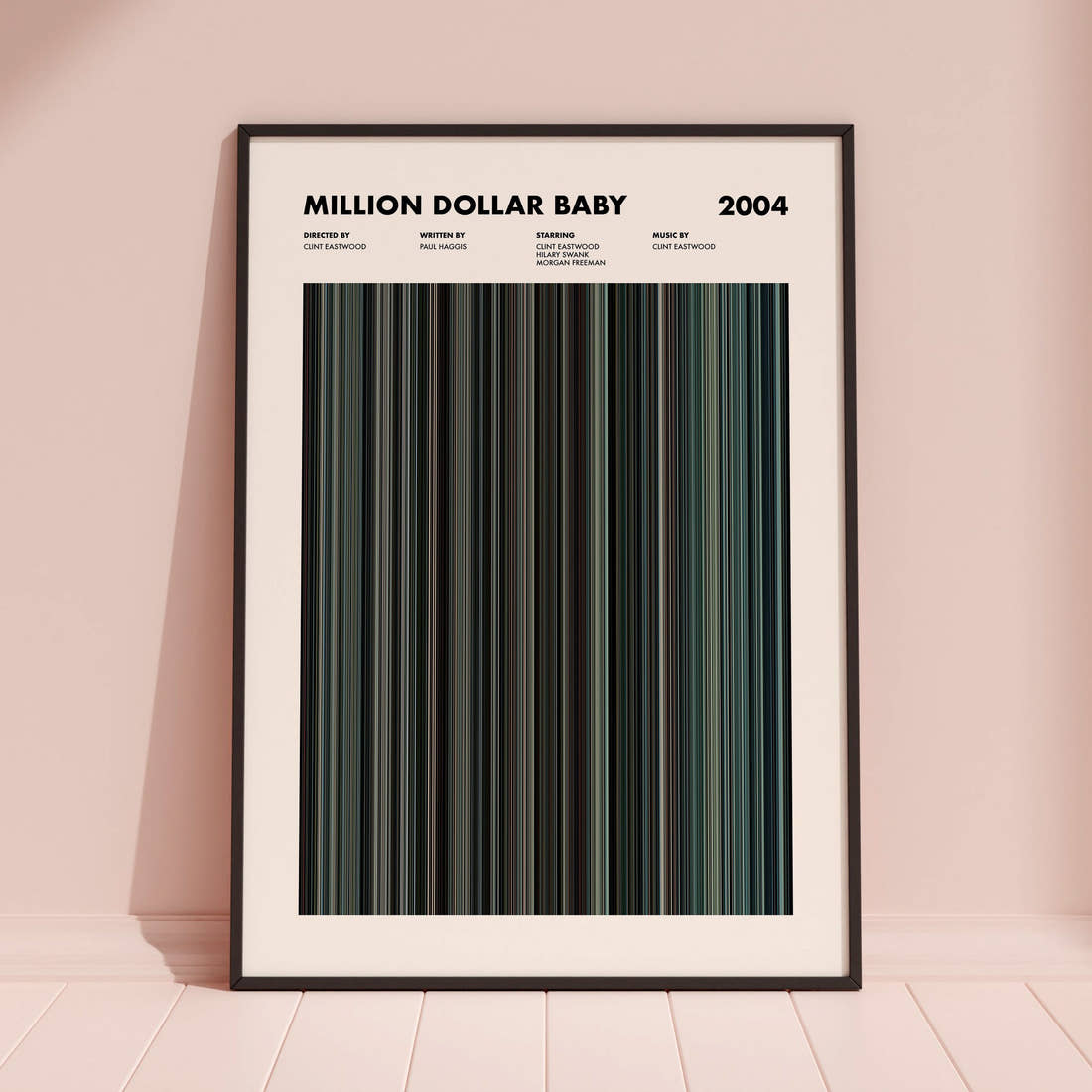 Million Dollar Baby Movie Barcode Poster framed and leaning against a coloured wall
