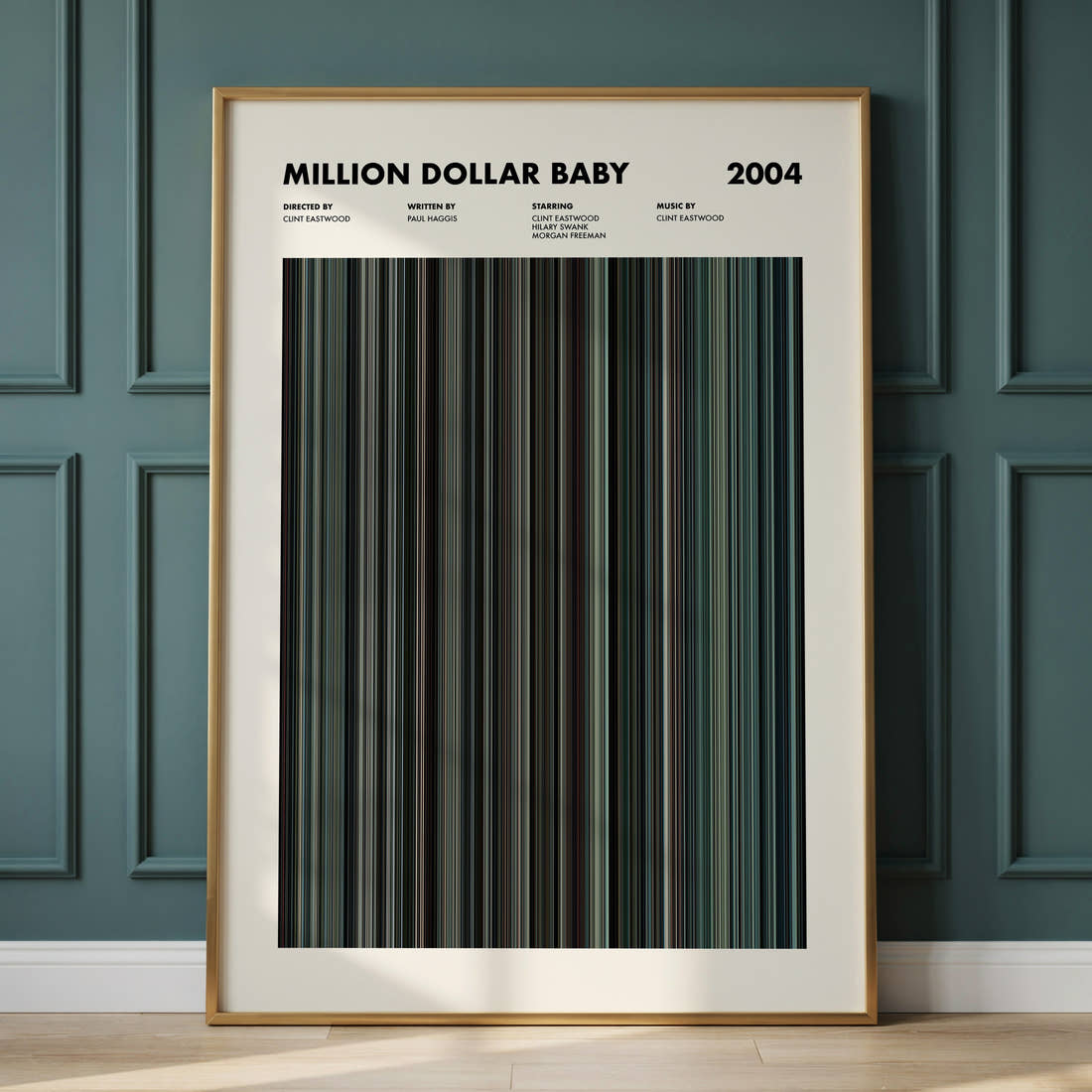 Million Dollar Baby Movie Barcode Poster framed and leaning against a panelled wall