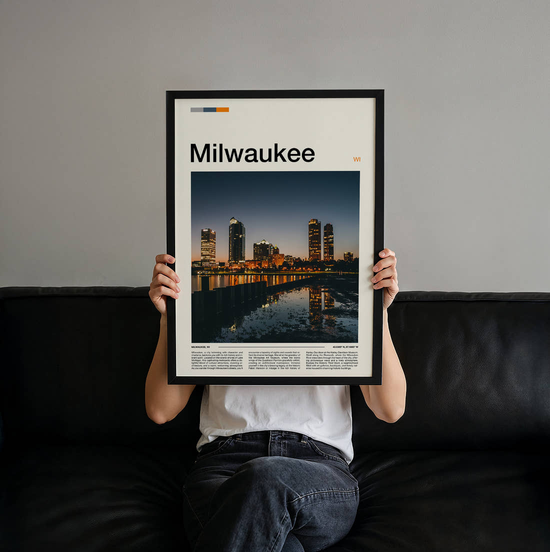 Milwaukee Night Skyline Reflection Travel Print held up by hand to show the size of the print
