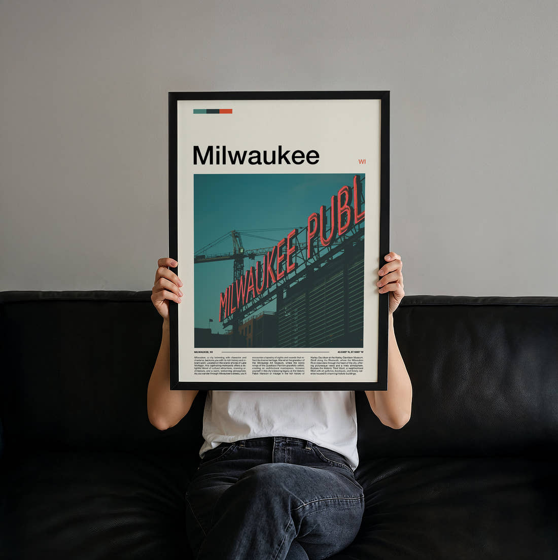 Milwaukee Public Market Sign Travel Print held up by hand to show the size of the print