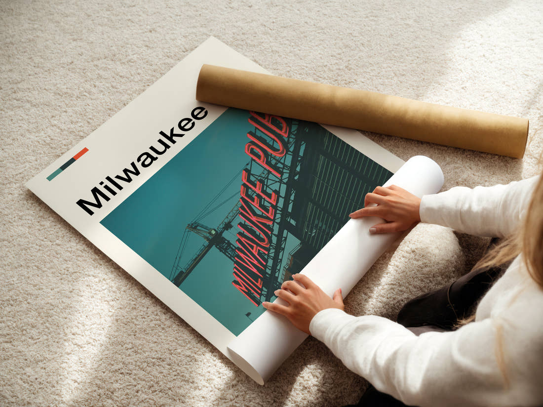 Milwaukee Public Market Sign Travel Print being unrolled from its postal tube