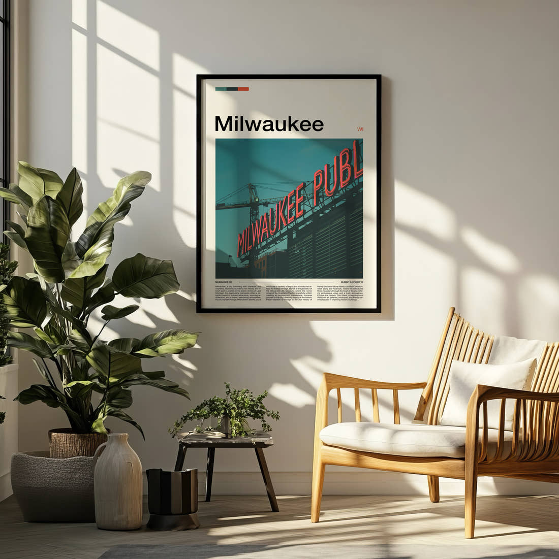 Milwaukee Public Market Sign Travel Print framed on a pale wall beside houseplants