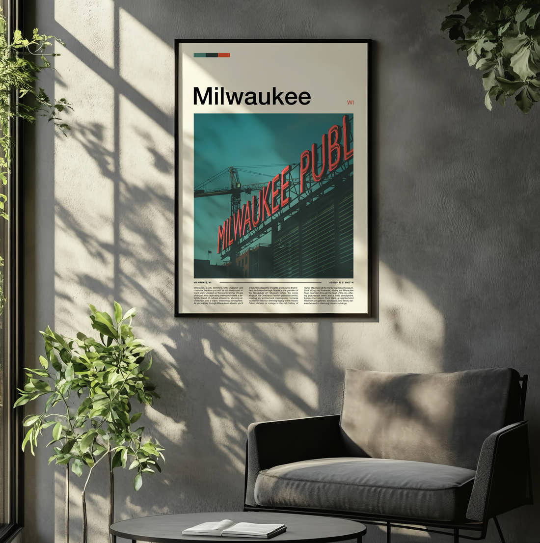 Milwaukee Public Market Sign Travel Print framed on the wall of a relaxed living room