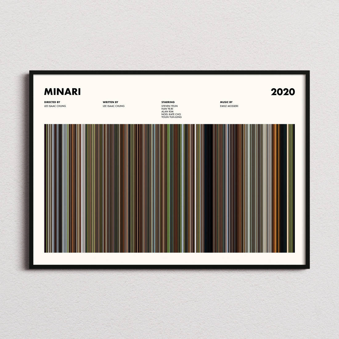 Minari Movie Barcode Poster framed and photographed straight on