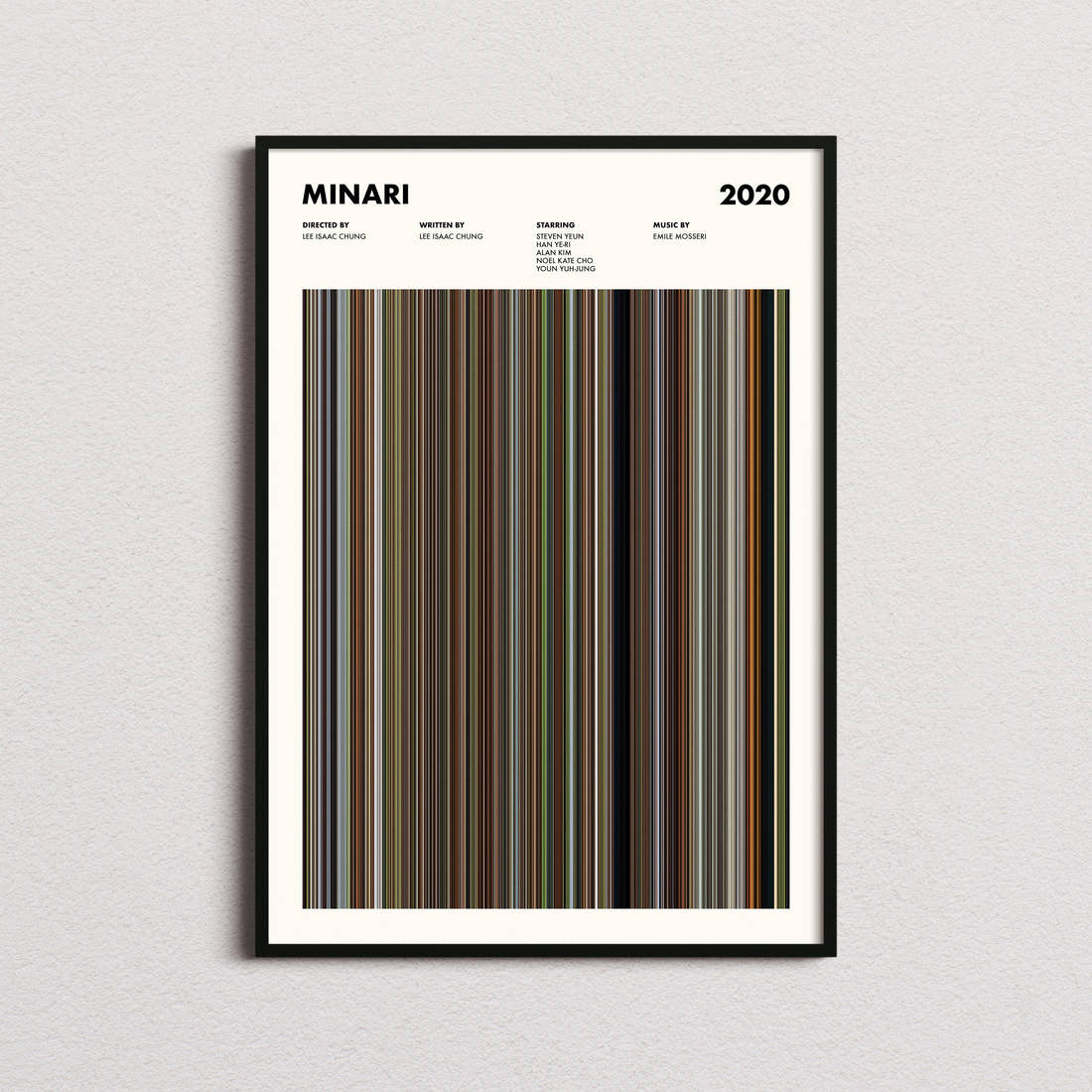 Minari Movie Barcode Poster framed on a plain studio wall