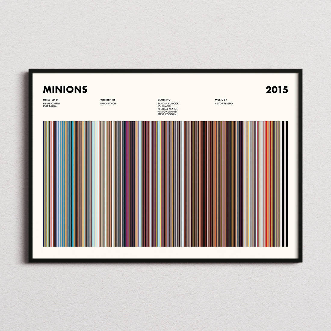 Minions Movie Barcode Poster framed and photographed straight on