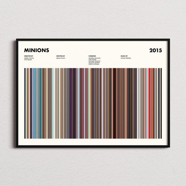 Minions Movie Barcode Poster framed and photographed straight on