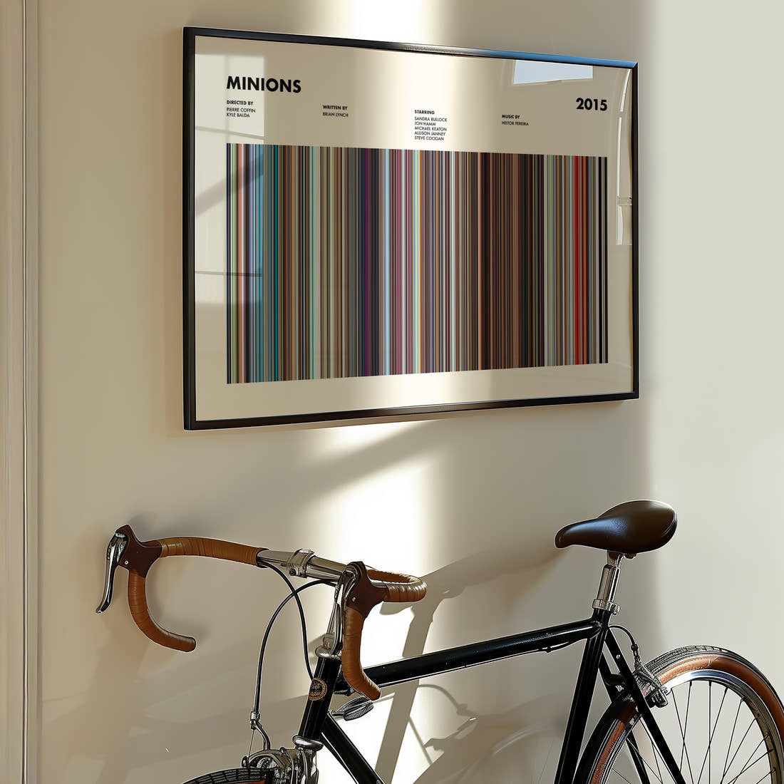 Minions Movie Barcode Poster framed on the wall of a styled room setting