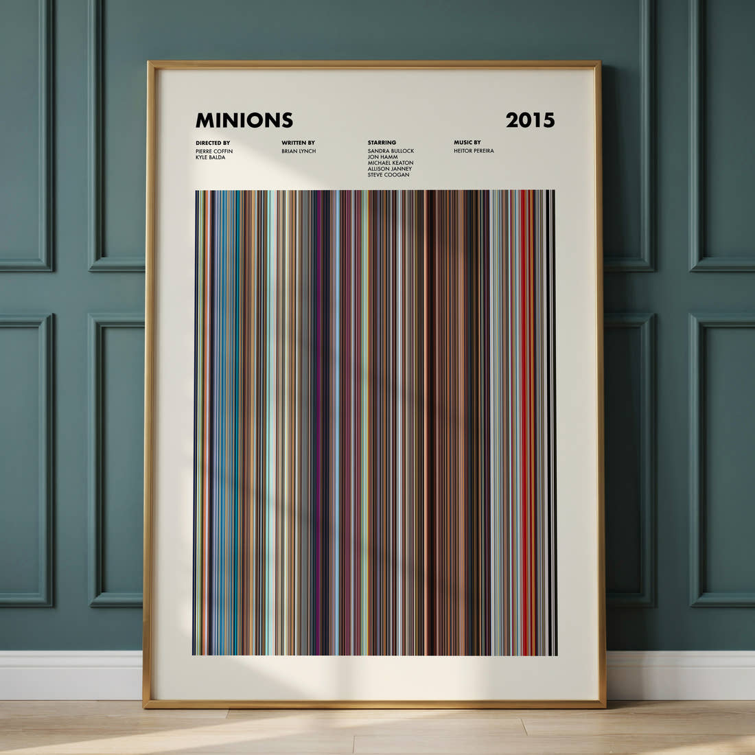 Minions Movie Barcode Poster framed and leaning against a panelled wall