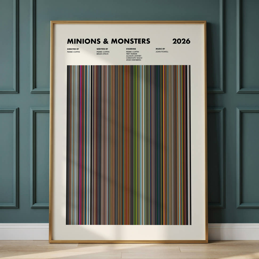 Minions & Monsters Movie Barcode Poster framed and leaning against a panelled wall