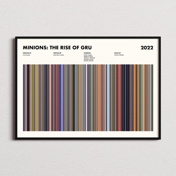 Minions: The Rise of Gru Movie Barcode Poster framed and photographed straight on