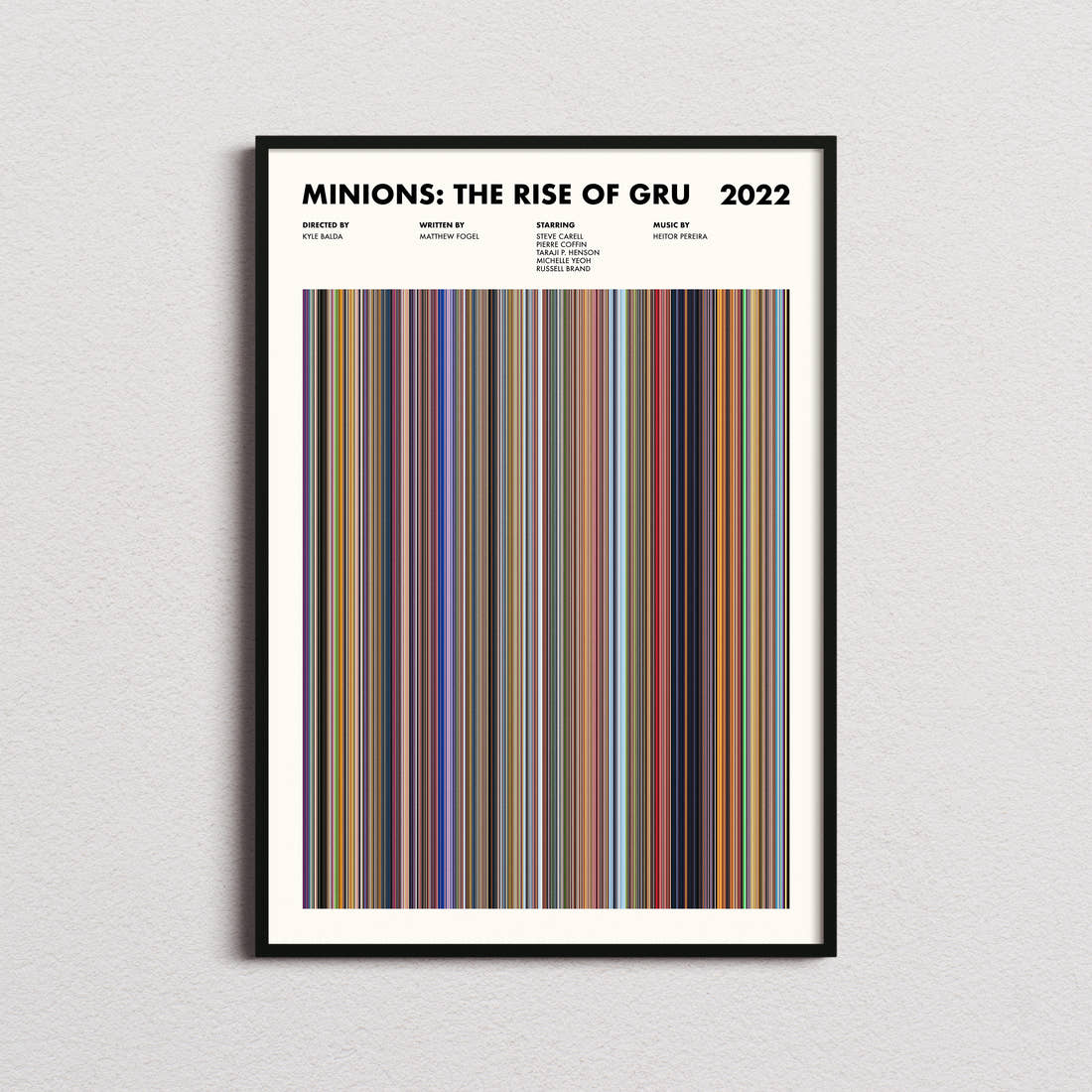 Minions: The Rise of Gru Movie Barcode Poster framed on a plain studio wall