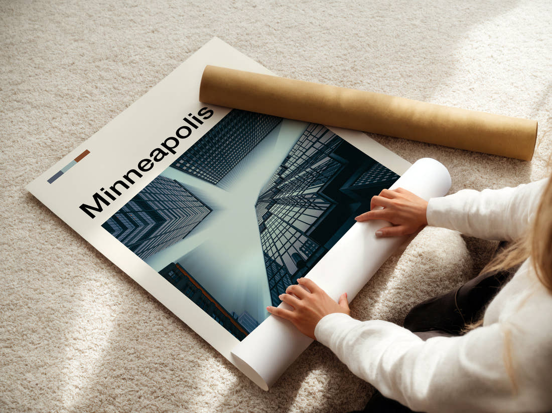 Minneapolis Glass Towers From Below Travel Print being unrolled from its postal tube