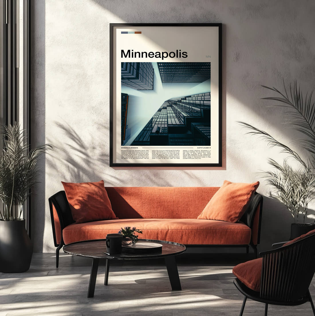 Minneapolis Glass Towers From Below Travel Print framed on the wall of a modern living room
