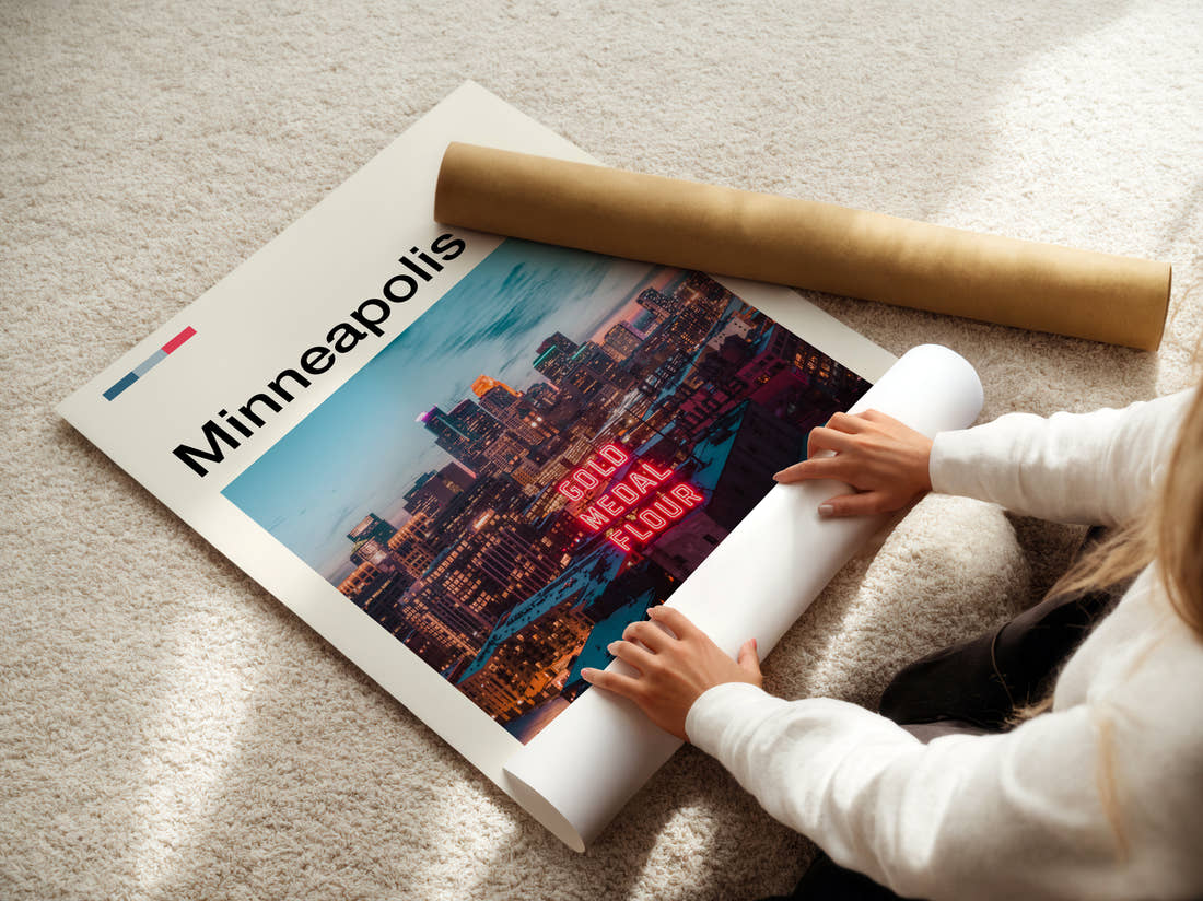 Minneapolis Gold Medal Flour Sign Travel Print being unrolled from its postal tube