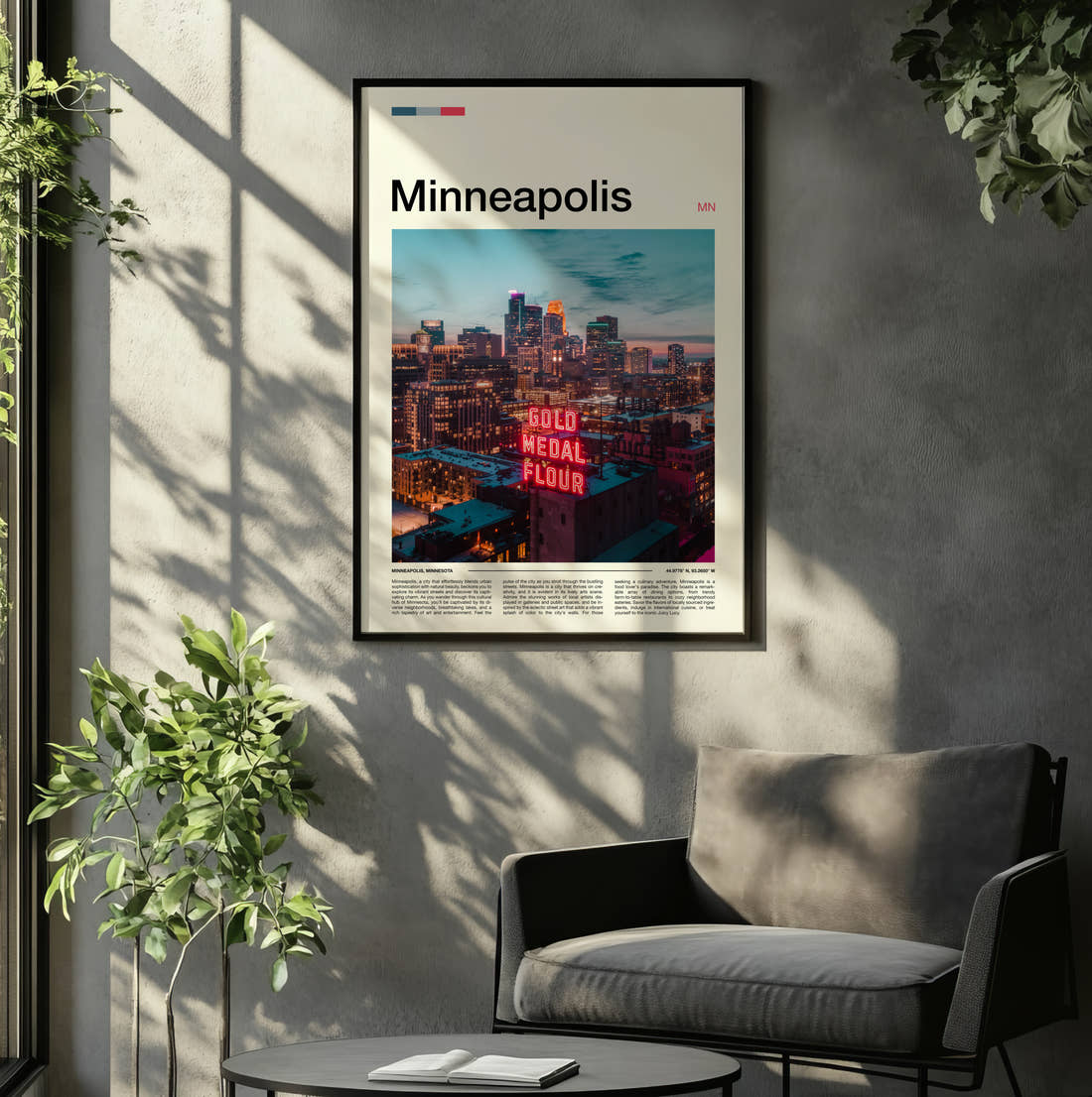Minneapolis Gold Medal Flour Sign Travel Print framed on the wall of a relaxed living room