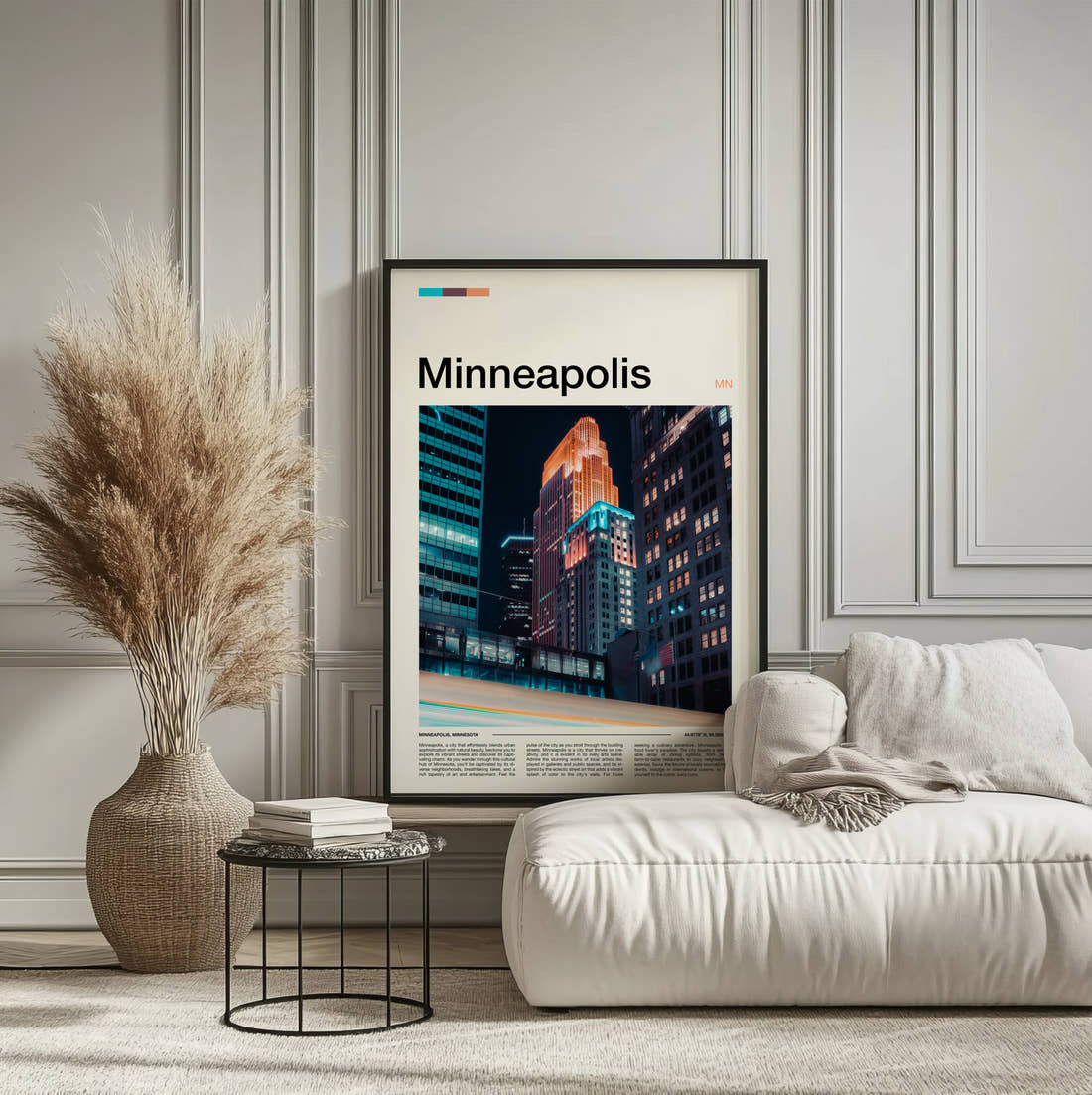 Minneapolis Downtown At Night Travel Print framed on the wall of a calm, neutral bedroom