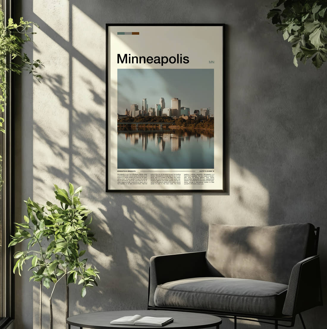 Minneapolis Skyline Reflection Travel Print framed on the wall of a relaxed living room