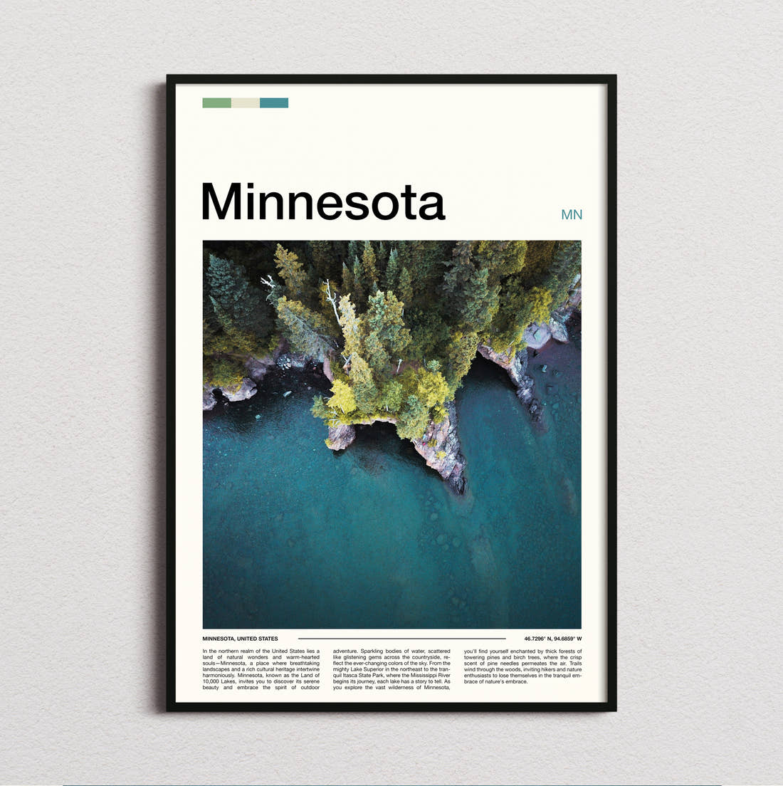 Minnesota Aerial Forested Shoreline Travel Print framed and photographed straight on