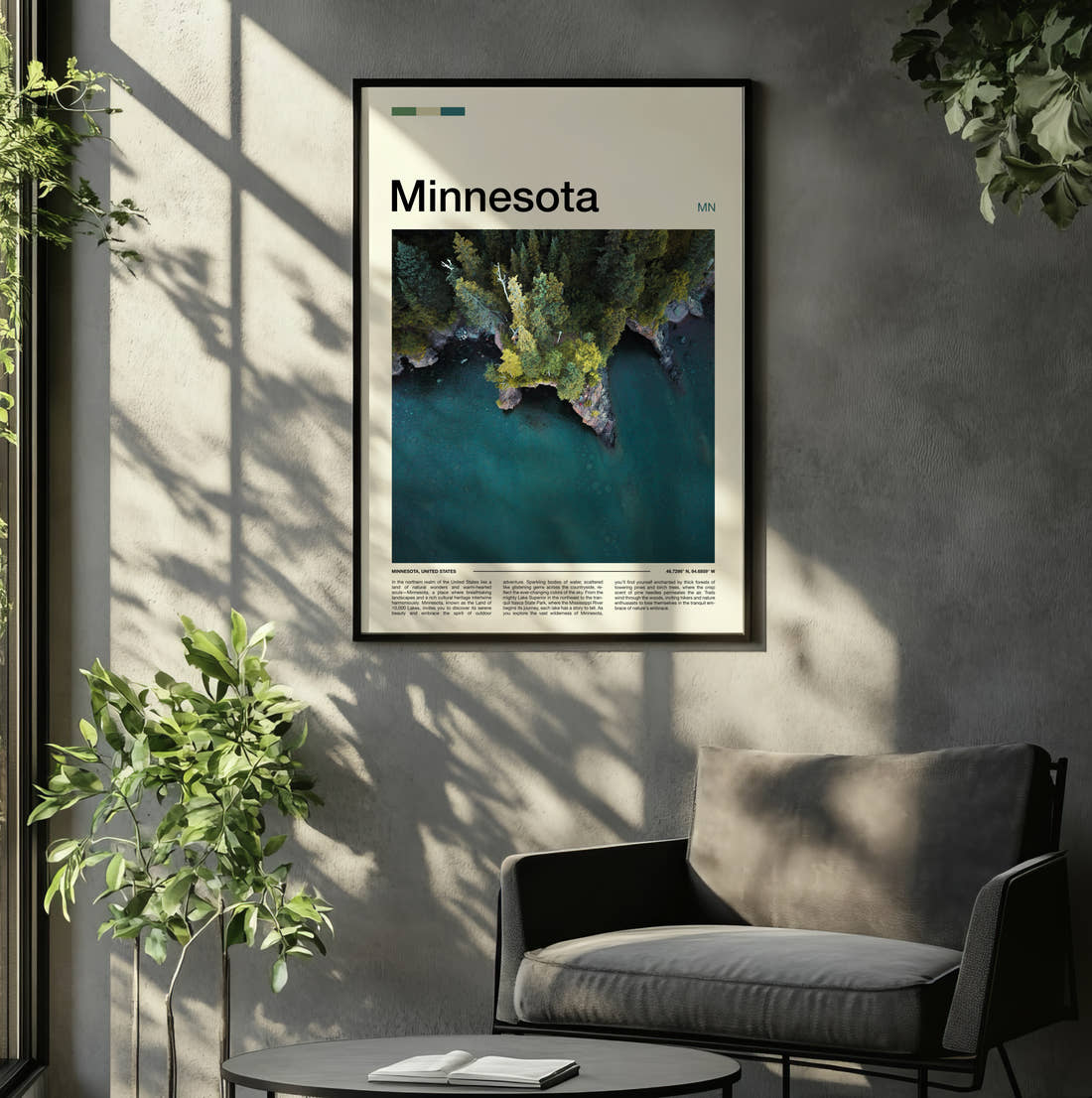 Minnesota Aerial Forested Shoreline Travel Print framed on the wall of a relaxed living room