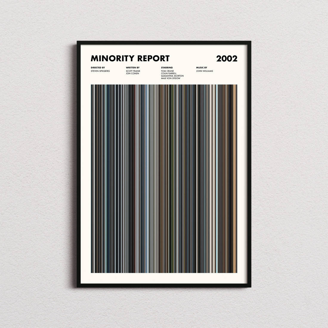 Minority Report Movie Barcode Poster framed on a plain studio wall