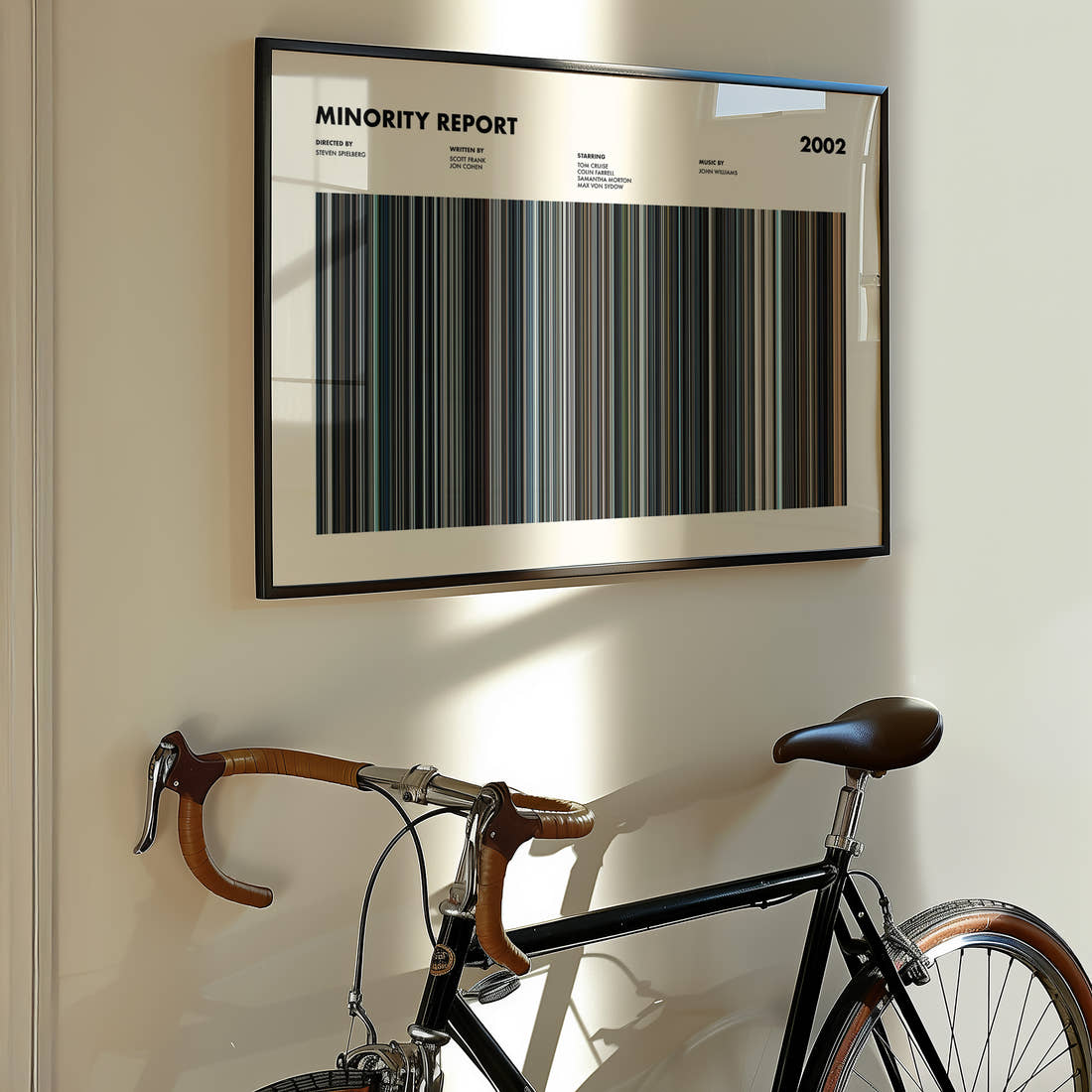 Minority Report Movie Barcode Poster framed on the wall of a styled room setting