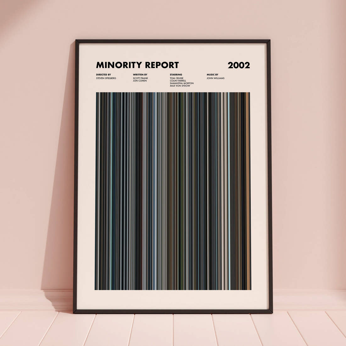 Minority Report Movie Barcode Poster framed and leaning against a coloured wall