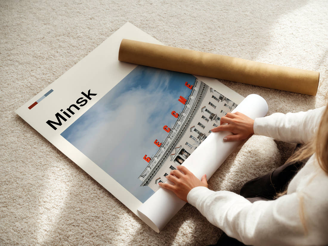 Minsk Curved Building Facade Travel Print being unrolled from its postal tube