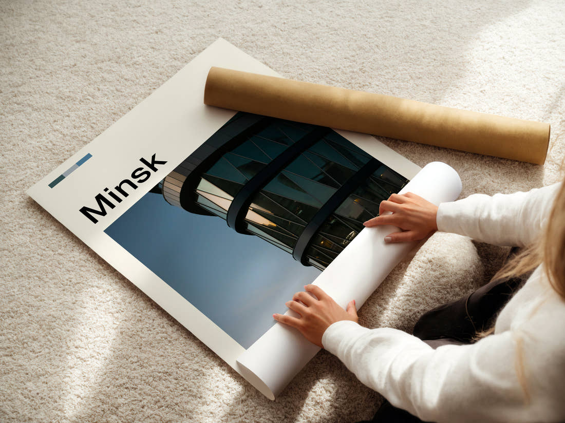 Minsk Curved Glass Building Travel Print being unrolled from its postal tube