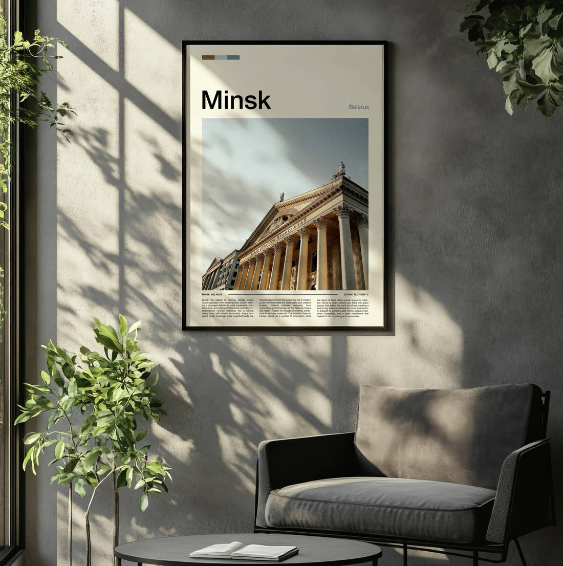 Minsk Columned Facade Travel Print framed on the wall of a relaxed living room