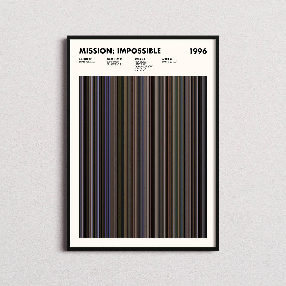 Mission: Impossible Movie Barcode Poster framed on a plain studio wall