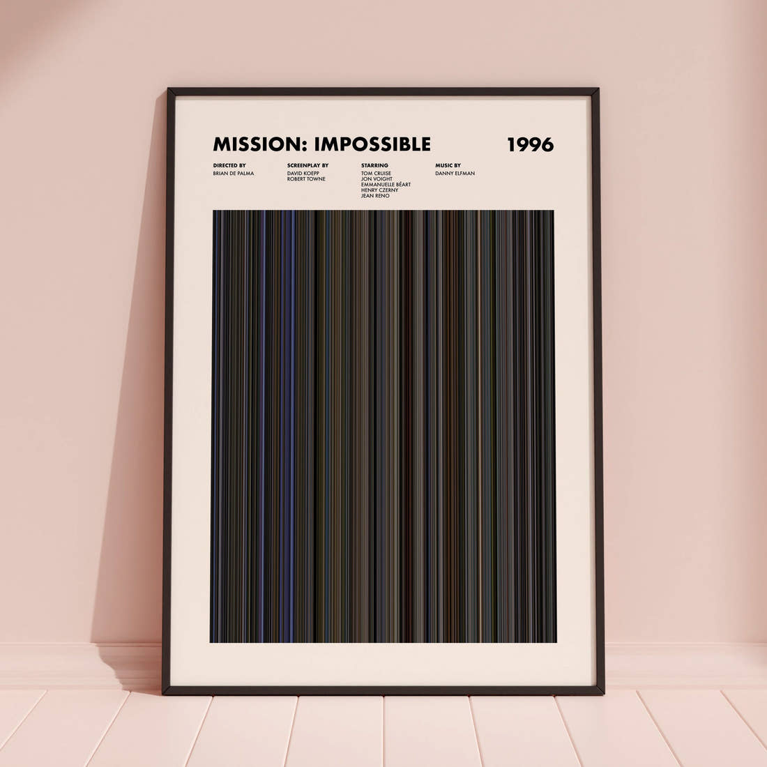 Mission: Impossible Movie Barcode Poster framed and leaning against a coloured wall