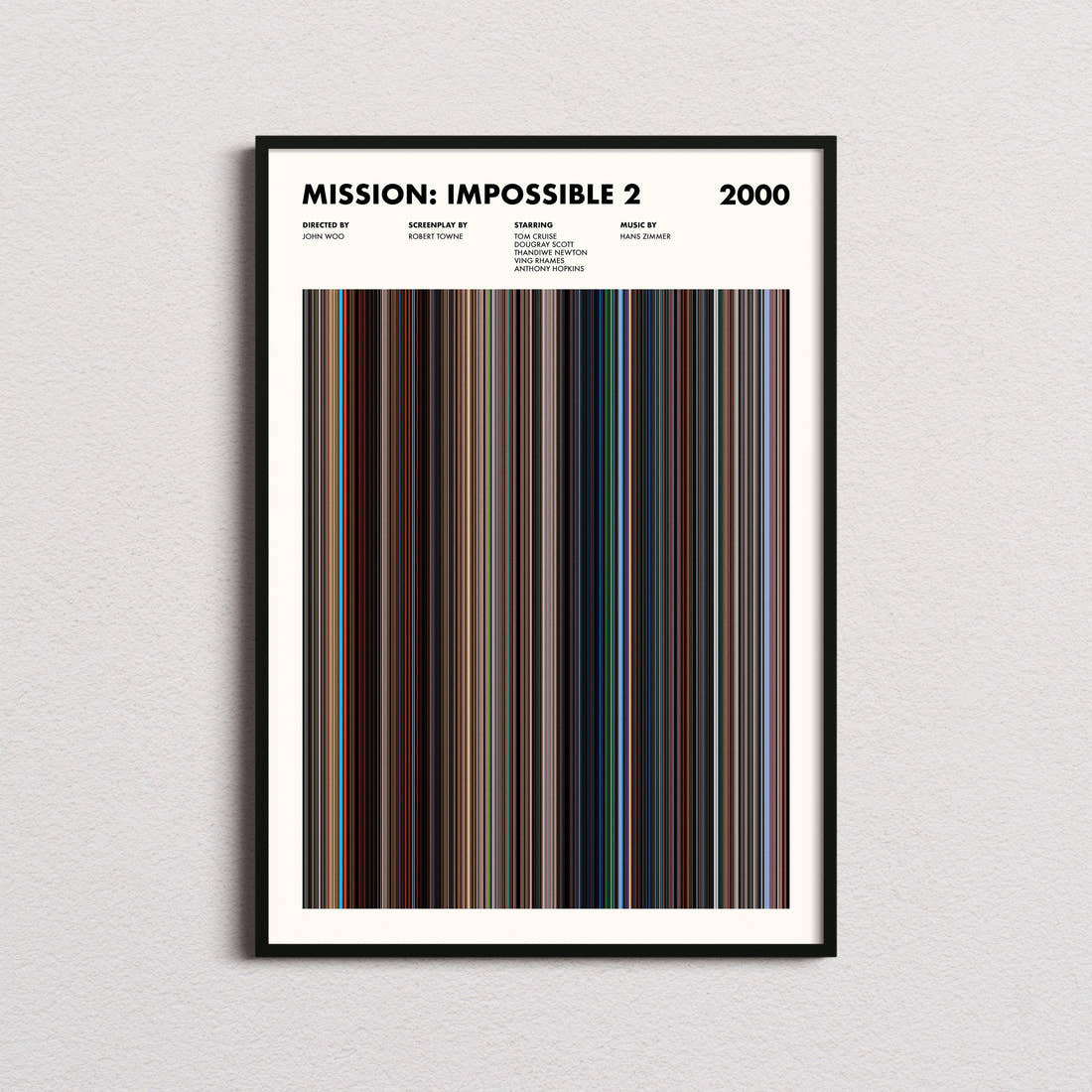 Mission: Impossible 2 Movie Barcode Poster framed on a plain studio wall