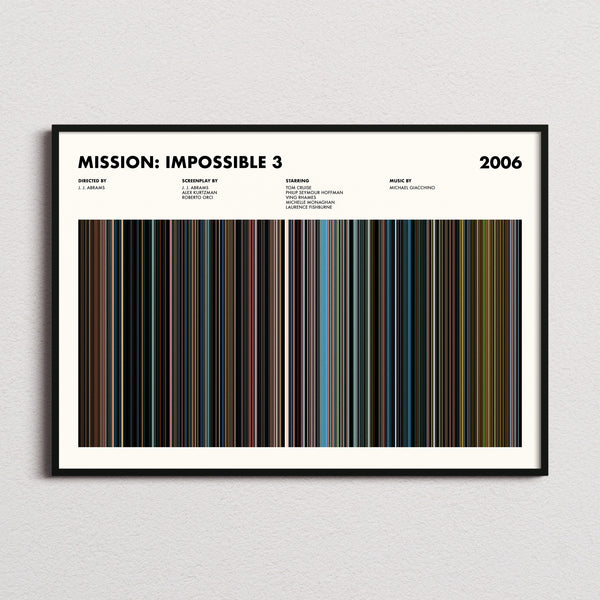 Mission: Impossible 3 Movie Barcode Poster framed and photographed straight on