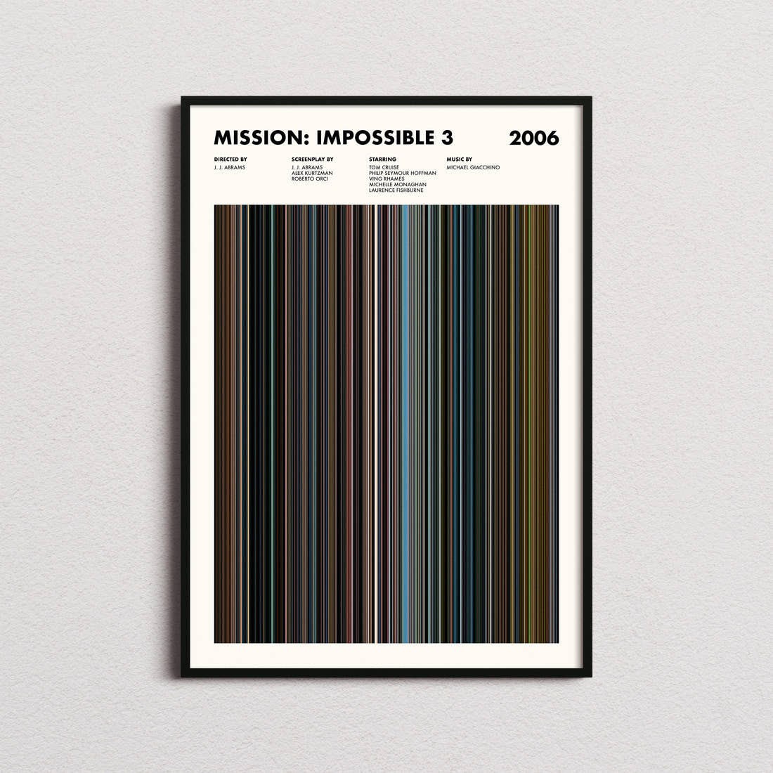 Mission: Impossible 3 Movie Barcode Poster framed on a plain studio wall