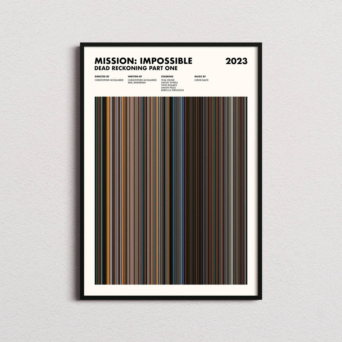 Mission: Impossible Dead Reckoning Part One Movie Barcode Poster framed on a plain studio wall