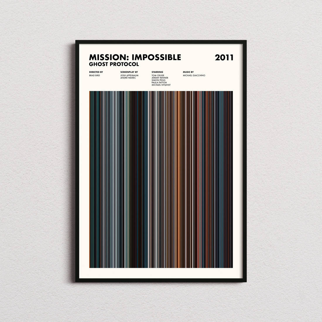 Mission: Impossible Ghost Protocol Movie Barcode Poster framed on a plain studio wall