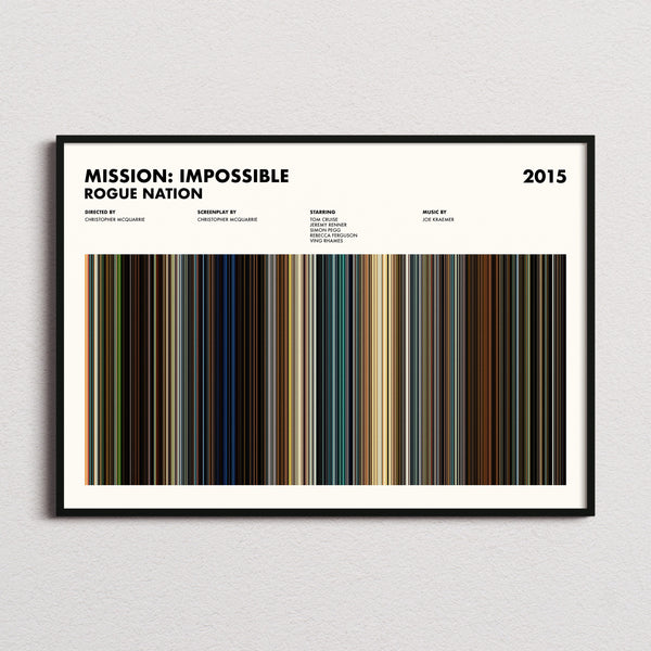 Mission: Impossible Rogue Nation Movie Barcode Poster framed and photographed straight on