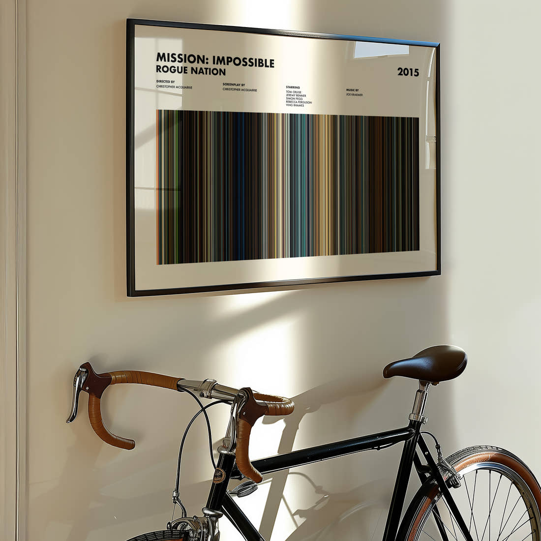 Mission: Impossible Rogue Nation Movie Barcode Poster framed on the wall of a styled room setting