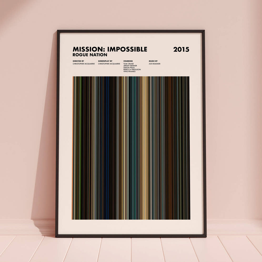Mission: Impossible Rogue Nation Movie Barcode Poster framed and leaning against a coloured wall