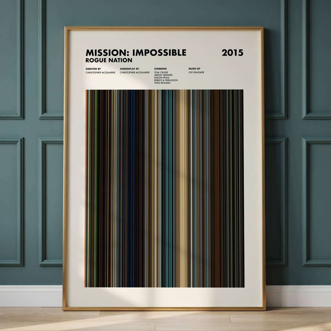 Mission: Impossible Rogue Nation Movie Barcode Poster framed and leaning against a panelled wall